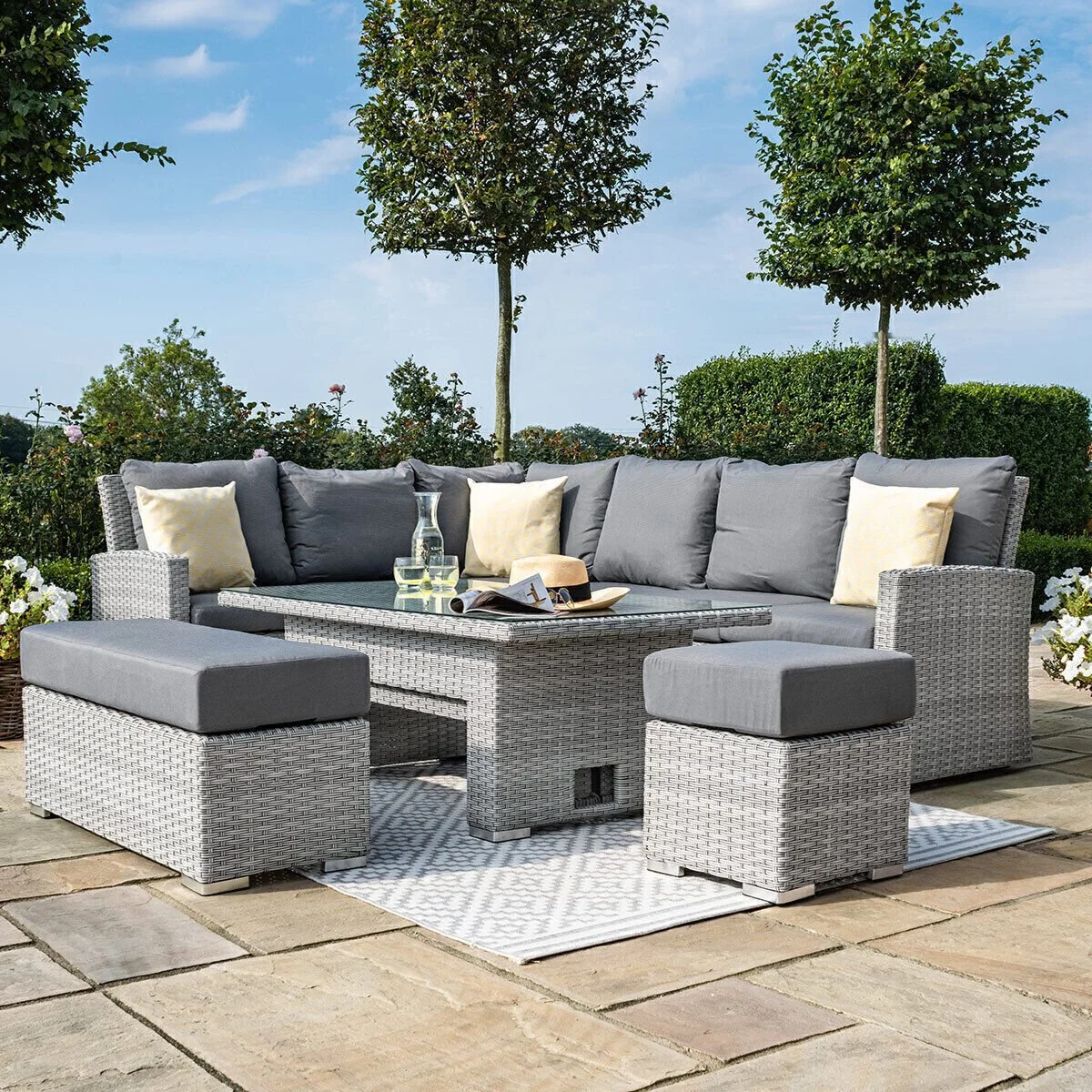 Ascot Rectangular Rattan Corner Dining Set with Rising Table & Weatherproof Cushions